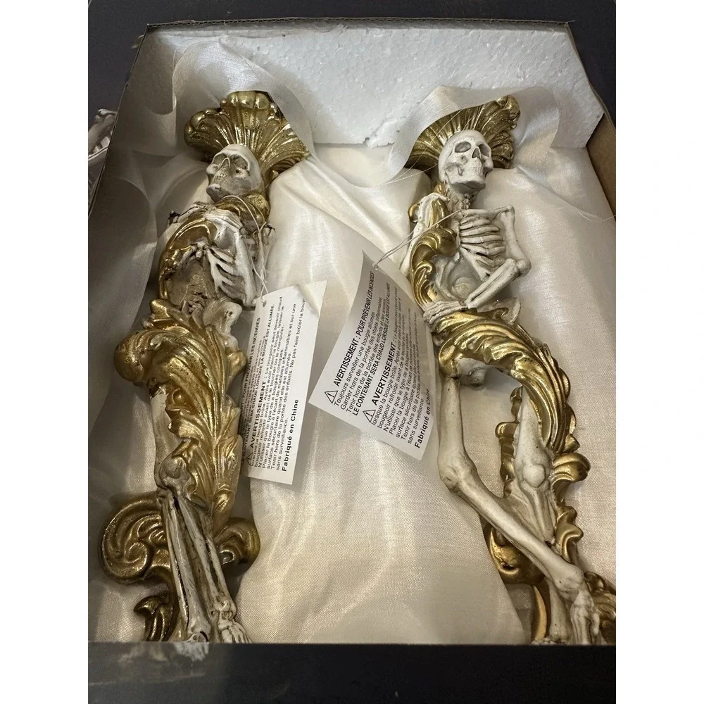Christian Siriano Gold Skeleton Candlestick Holders Pair Halloween NEW IN BOX